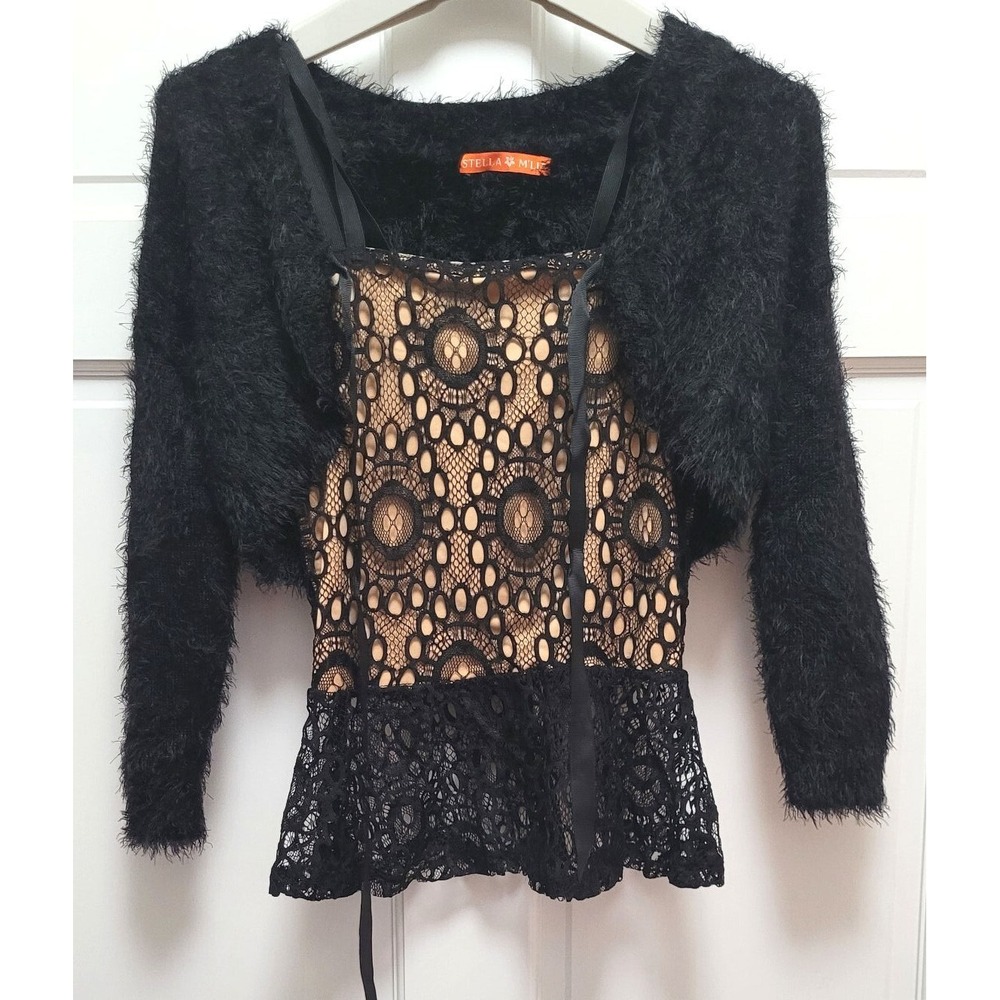 Stella M'Lia Tween Teen Formalwear - Eyelet Top w/ Faux Fur Stole Black One Size
